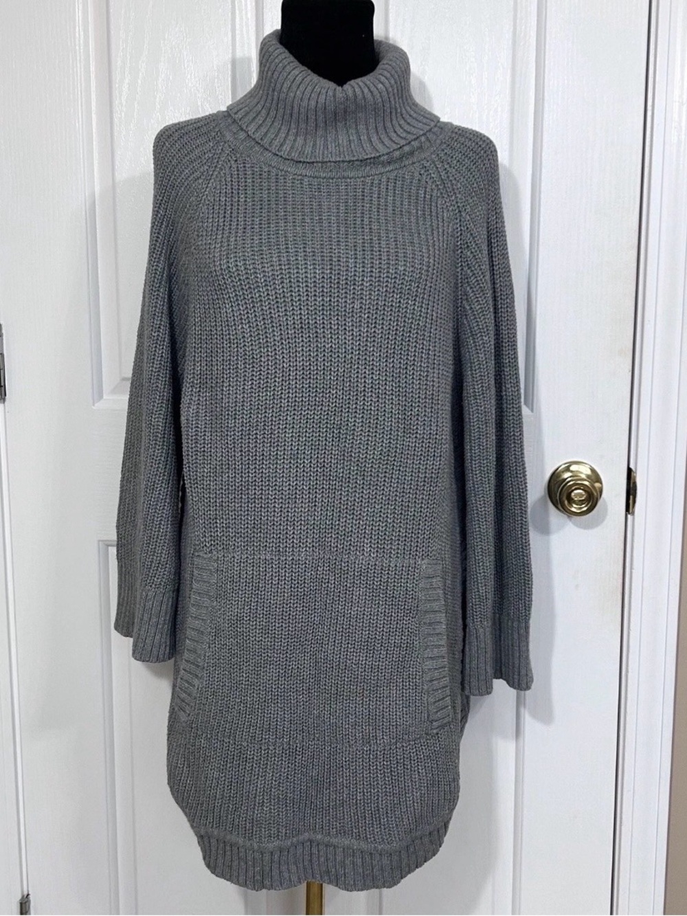 UGG Raelynn Womens Gray Cotton Knit Turtleneck Kangaroo Pocket Sweater Dress Lg